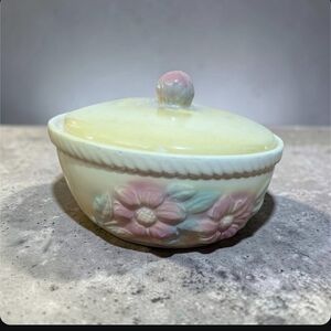 Vintage Hull Sun Glow Yellow Ceramic Lidded Bowl with Floral Design